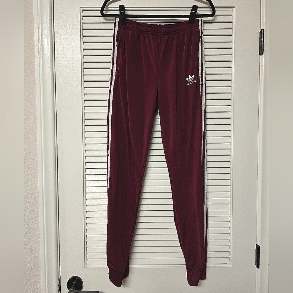 Adidas - Red & White Athletic Workout Pants With Drawstring & Zipper Pockets